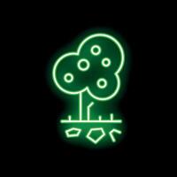 Green neon tree growing from rocks on black background vector