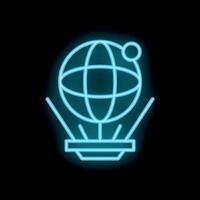 Neon icon of globe floating over platform with satellite orbiting above vector
