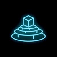 Neon blue light showing cube floating over round levels on black background vector
