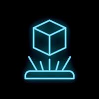 Neon blue projection of 3d cube above platform on black background vector