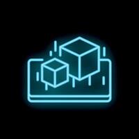 Neon icon of cubes being projected from a tablet using augmented reality technology vector