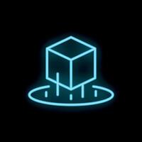 Neon cube floating over circular base on black background vector
