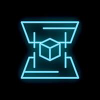 Neon glowing icon of a 3d printer printing a cube vector