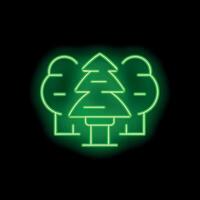 Green neon sign of coniferous tree surrounded by deciduous trees on black background vector