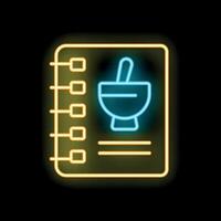 Neon cookbook icon with pestle and mortar for recipes and cooking vector