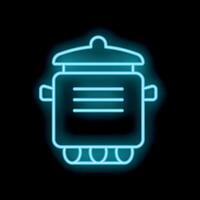 Blue neon sign of a saucepan with lid on black background vector