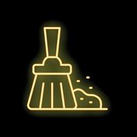 Glowing neon icon of broom sweeping dirt on black background vector