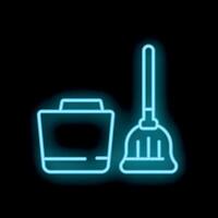 Glowing neon line trash can and broom icon on black background vector