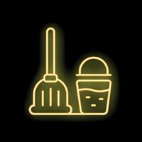 Yellow neon sign of a broom and bucket for cleaning floors vector
