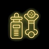 Neon icon of pet medicine bottle and dog chew bone toy glowing yellow vector