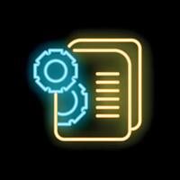 Neon icon of gears optimizing documents for efficiency vector