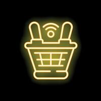 Yellow neon shopping basket sending wifi signal on black background vector