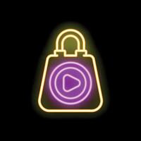 Neon shopping bag with play button for digital content purchase vector