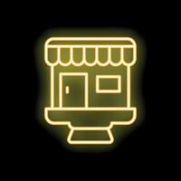 Yellow neon sign depicting a store building with awning, door, and window on black background vector