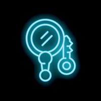 Blue neon icon of a hand mirror with keychain hanging on black background vector