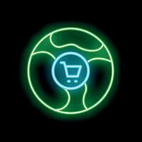 Neon icon of shopping cart over world map representing global e commerce vector