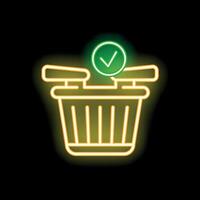 Neon shopping basket with check mark confirming purchase on black background vector