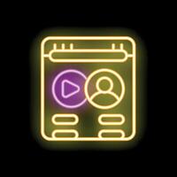 Neon sign of a player interface showing a user profile and a play button vector