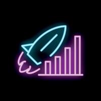 Neon sign of rocket launching with increasing bar graph vector
