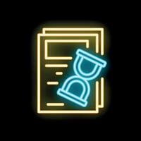 Neon icon of hourglass resting on stack of papers representing deadline vector