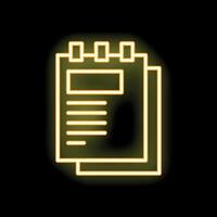 Yellow glowing neon line notepad icon isolated on black background vector