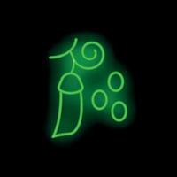 Green neon sign showing open pea pod with peas on black background vector