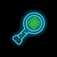 Neon icon of magnifying glass zooming in on bacteria or virus vector