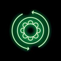 Neon green circular arrows rotating around flower power symbol on black background vector