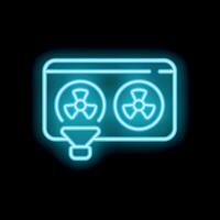 Blue neon icon of computer overheating with double fan cooling system vector