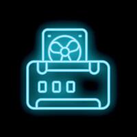 Neon computer fan cooling system icon glowing blue on black background vector
