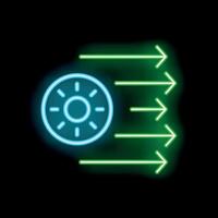 Neon sign showing sun with arrows pointing right on black background vector