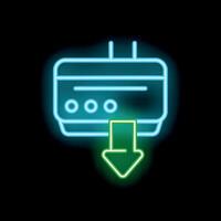 Neon router icon showing downloading data with arrow symbol vector