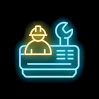 Neon icon representing construction worker managing project on computer with wrench symbol for engineering and development vector