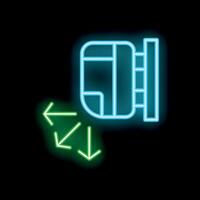 Neon icon of train arriving at station platform with arrows showing direction vector