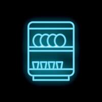 Blue neon sign of a display cabinet presenting plates and glasses on black background vector
