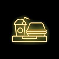 Glowing neon sign depicting fast food meal with drink and burger in box vector