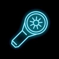 Neon icon of angle grinder with rotating disc emitting light rays vector