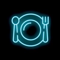 Blue neon sign displaying plate fork and spoon on black background vector