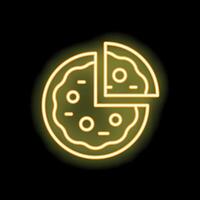 Round pizza with one slice separated glowing neon icon vector