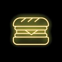 Yellow neon sign showing a delicious burger glowing on a black background vector