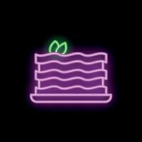 Glowing neon sign depicting piece of layered cake on black background vector