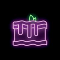 Bright neon sign showing a chocolate cake with icing dripping down the sides vector