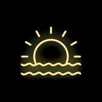 Yellow neon sun setting over wavy water on black background vector