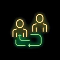 Neon icon of two people exchanging information with arrows vector