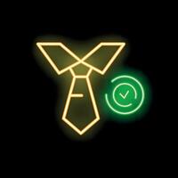 Glowing neon line tie icon with check mark on black background vector