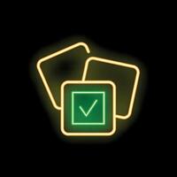 Neon glowing icon of a check mark inside a square overlapped by two other squares vector