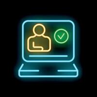 Neon laptop showing checked user profile icon on dark background vector