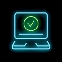Neon green tick mark icon inside a laptop screen on a black background vector