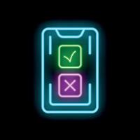 Neon smartphone showing checkmark and cross mark icons for right and wrong answer vector