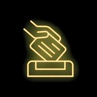 Hand putting voting ballot into box neon icon on black background vector